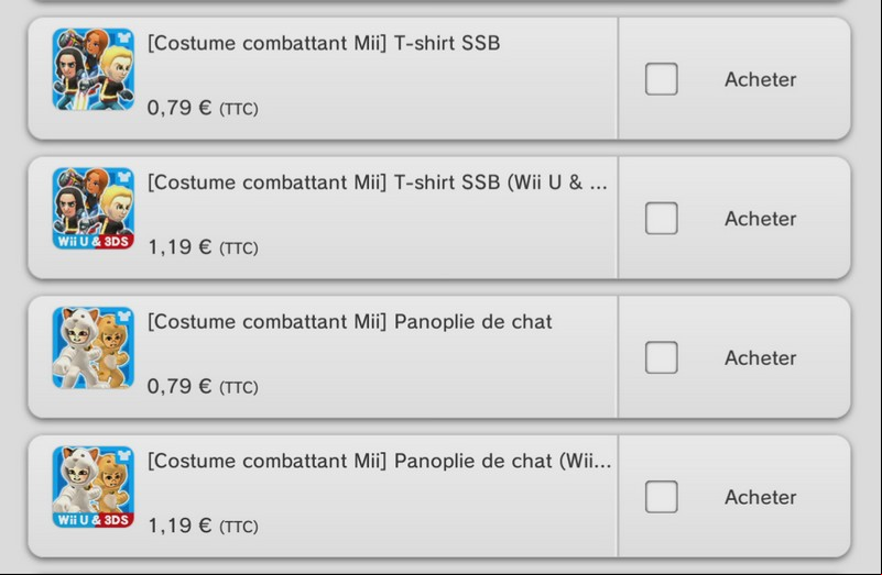 Tarifs costumes Mii DLC <a  data-cke-saved-href='/fiche-618_super_smash_bros.htm' href='/fiche-618_super_smash_bros.htm'>Super Smash bros</a> à l'unité
